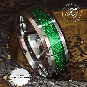 Personalized Men's Green Emerald Galaxy Tungsten Promise Ring  or Wedding Ring